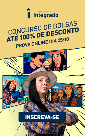 Banner com chamada para participar do concurso de bolsas, com mulher na frente