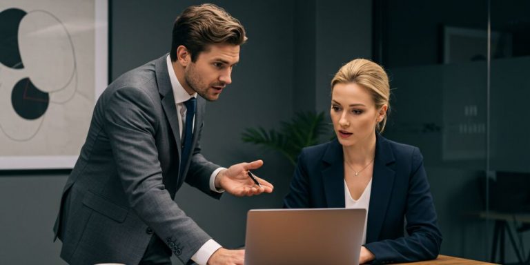Homem e mulher em reunião de negócios com laptop